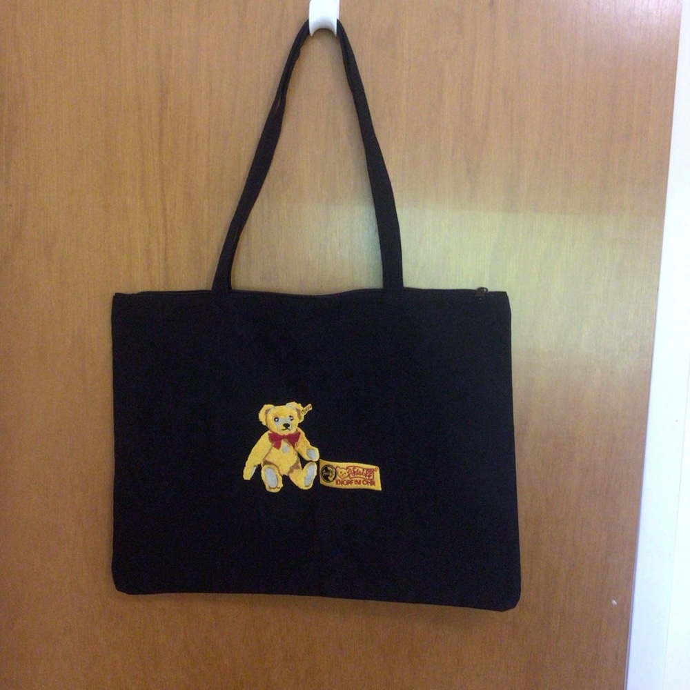 Steiff Black Tote Bag with Teddy Bear Embroidery Detail
